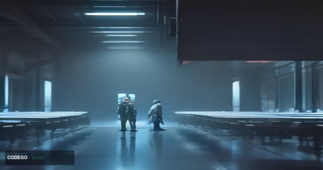 A cinematic editorial photograph of a vast, high-ceilinged semiconductor fabrication facility bathed in dramatic cool-blue an