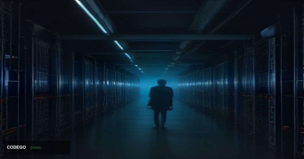 A photorealistic editorial photograph of a vast, dimly lit data center corridor in the foreground, with rows of humming serve