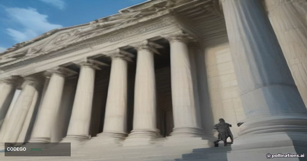 A cinematic editorial photograph shot at ground level looking up at a grand neoclassical federal building facade in Washingto