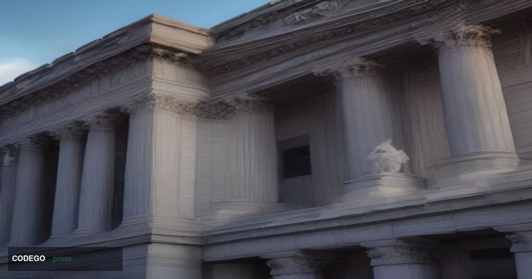 A photorealistic editorial photograph depicting the imposing neoclassical marble facade of a federal banking regulatory build