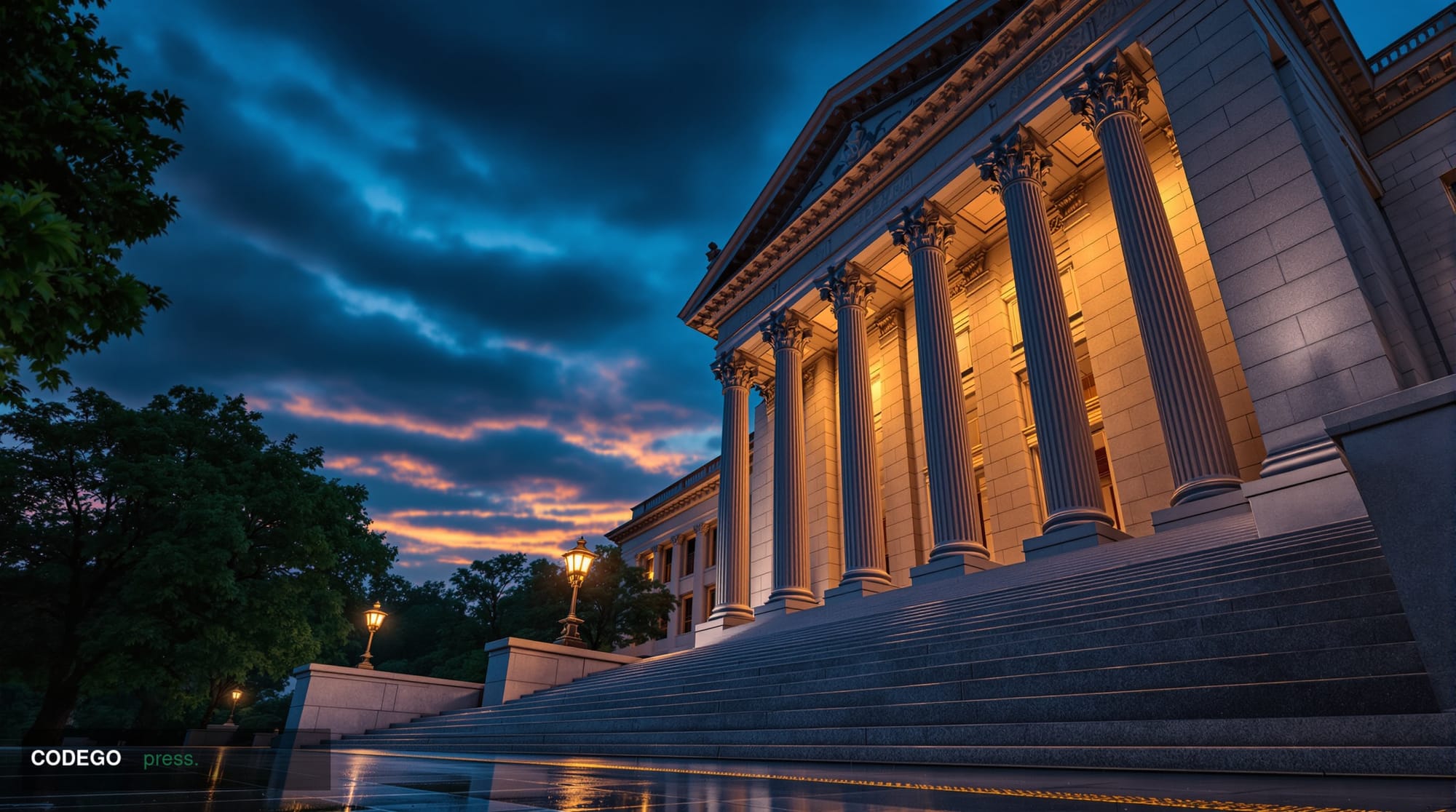 A dramatic wide-angle shot of the neoclassical facade of a federal government building in Washington D.C., photographed at du