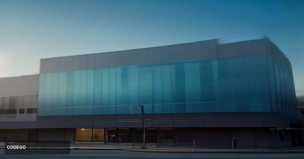 A cinematic editorial photograph shot at a low angle looking up at a modernist glass-and-steel community bank branch facade i