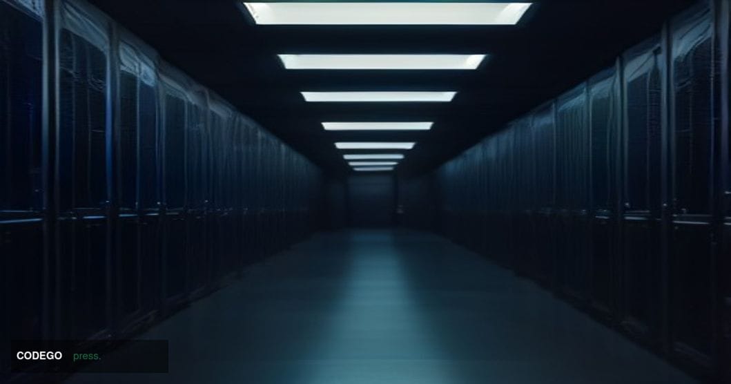 A dramatic cinematic editorial photograph of a modern data center corridor protecting critical infrastructure, shot from a lo