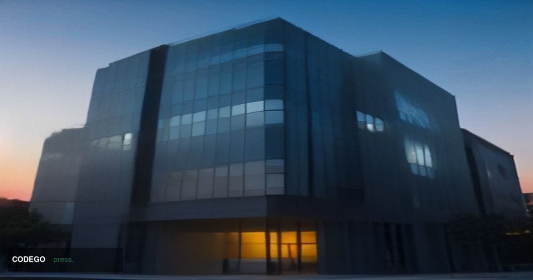 A cinematic editorial photograph shot from a low angle looking up at a modernist glass-and-steel research campus at dusk — th