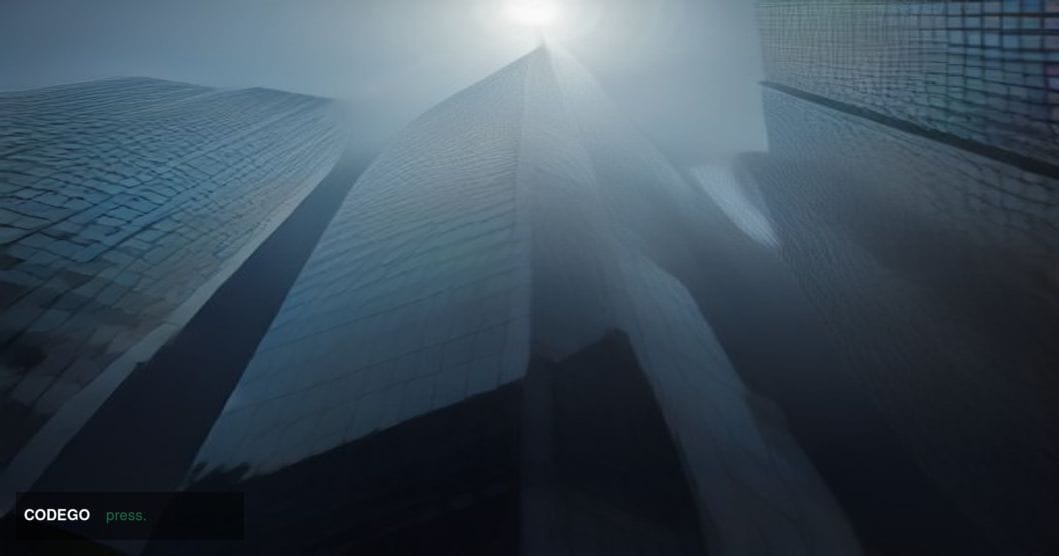 A cinematic editorial photograph of a sleek, glass-and-steel financial district office tower at dusk, shot from a low-angle p