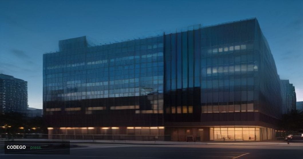 A cinematic editorial photograph of a sleek, modern financial startup headquarters emerging at dawn — a glass-and-steel low-r