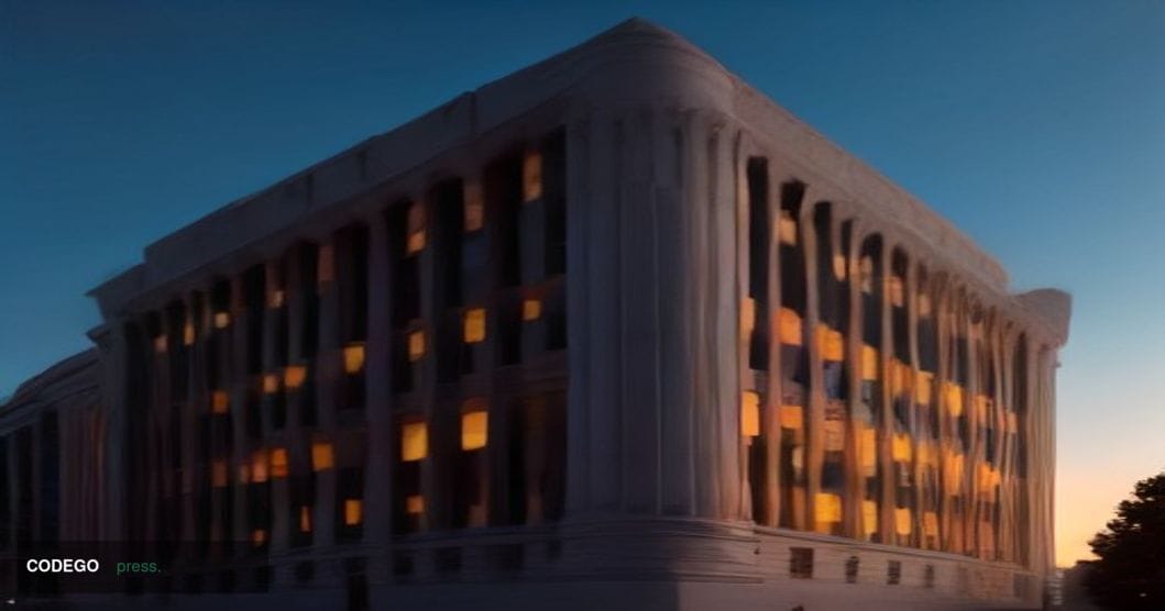 A dramatic low-angle exterior shot of a grand neoclassical American federal financial institution building at dusk, with impo