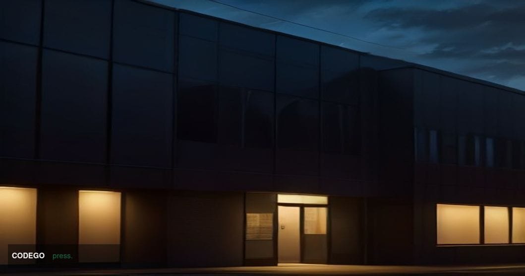 A cinematic editorial photograph of a shuttered financial technology office in a modern glass-and-steel urban district, captu