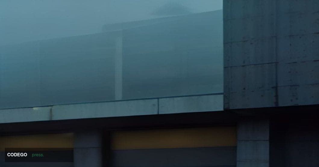 A dramatic cinematic editorial photograph of a shuttered financial exchange office in Santiago, Chile, shot from a low angle 