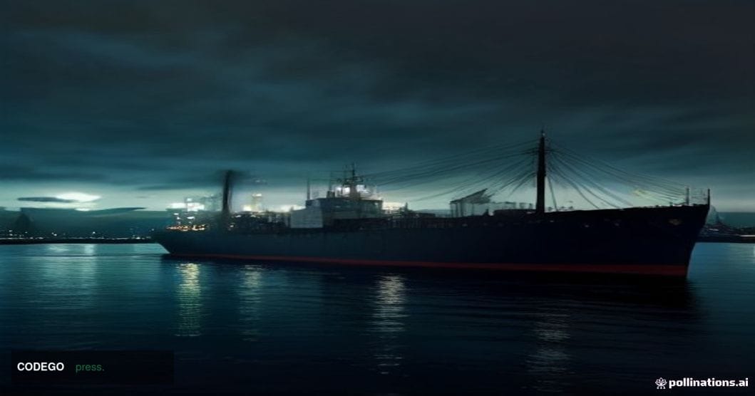 A dramatic cinematic editorial photograph set at a rain-slicked industrial port at dusk, with massive idle oil tankers moored