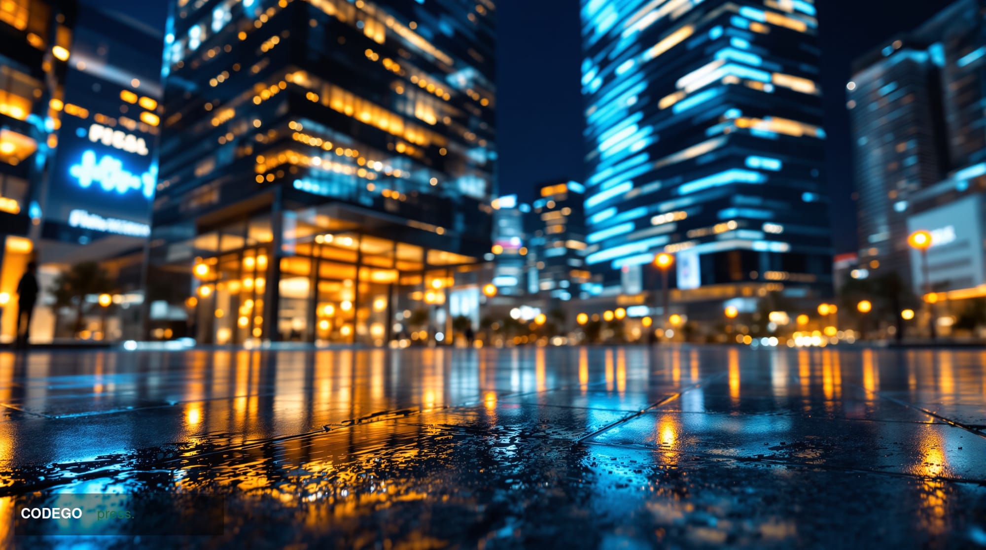 A cinematic editorial photograph of a gleaming modern financial district at night, shot from street level looking upward at t