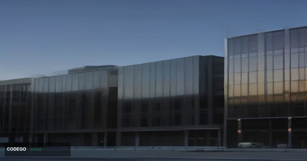 A cinematic editorial photograph of a sleek corporate glass-and-steel campus in San Jose, California, shot from a low angle a