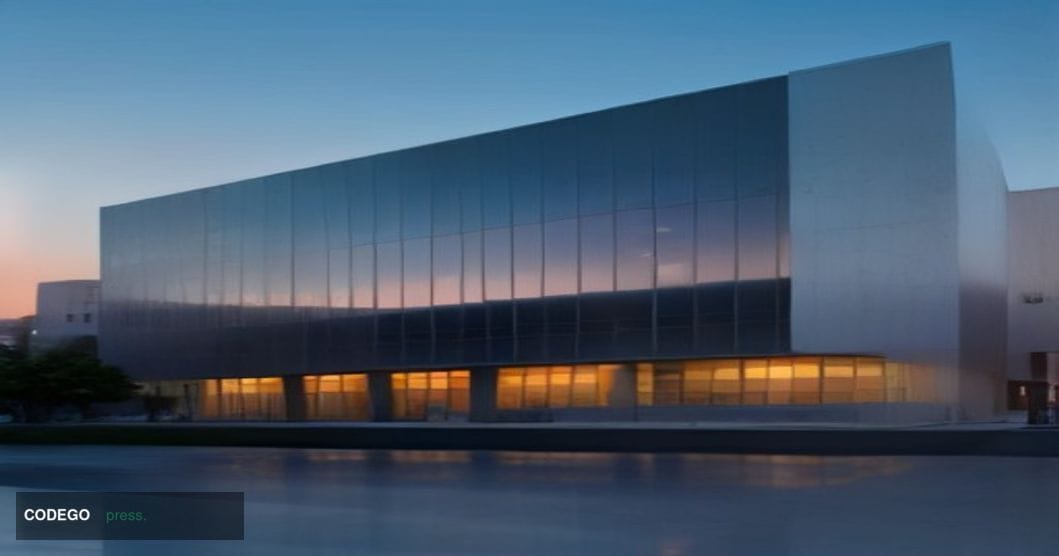 A cinematic editorial photograph of a sleek, modern financial technology campus at dusk, resembling PayPal's San Jose headqua