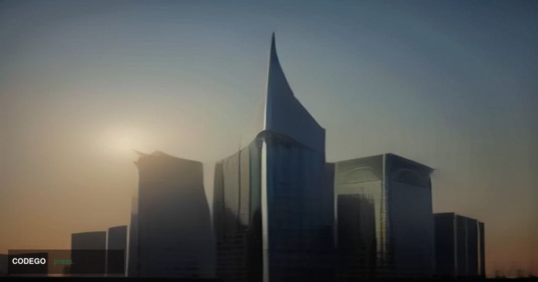 A cinematic editorial photograph shot at low angle looking upward at a sleek, glass-and-steel financial technology campus in 