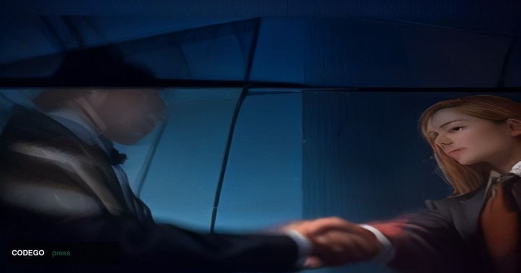 A cinematic editorial photograph depicting a symbolic financial handshake between traditional banking and crypto infrastructu