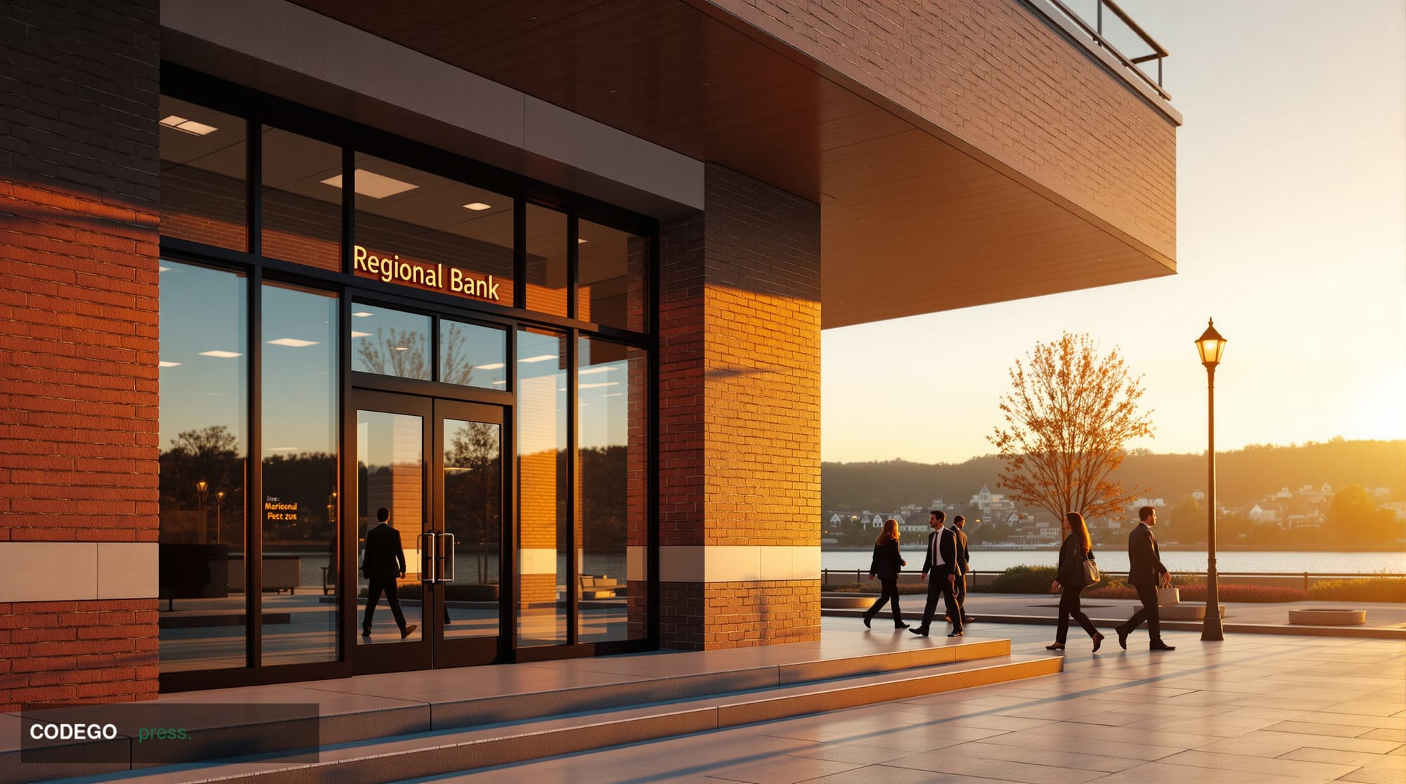 A dramatic wide-angle exterior shot of a mid-sized American regional bank branch at golden hour, set against a backdrop recog