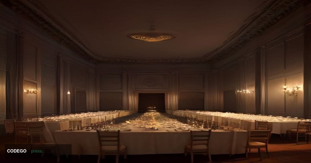 A grand neoclassical Italian conference hall in Rome at twilight, captured from a low wide-angle perspective looking toward a