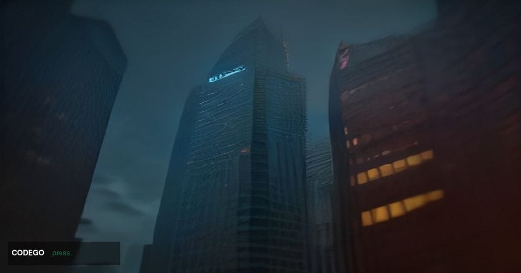 A cinematic editorial photograph of the Bangko Sentral ng Pilipinas headquarters in Manila, Philippines, shot at dusk from a 
