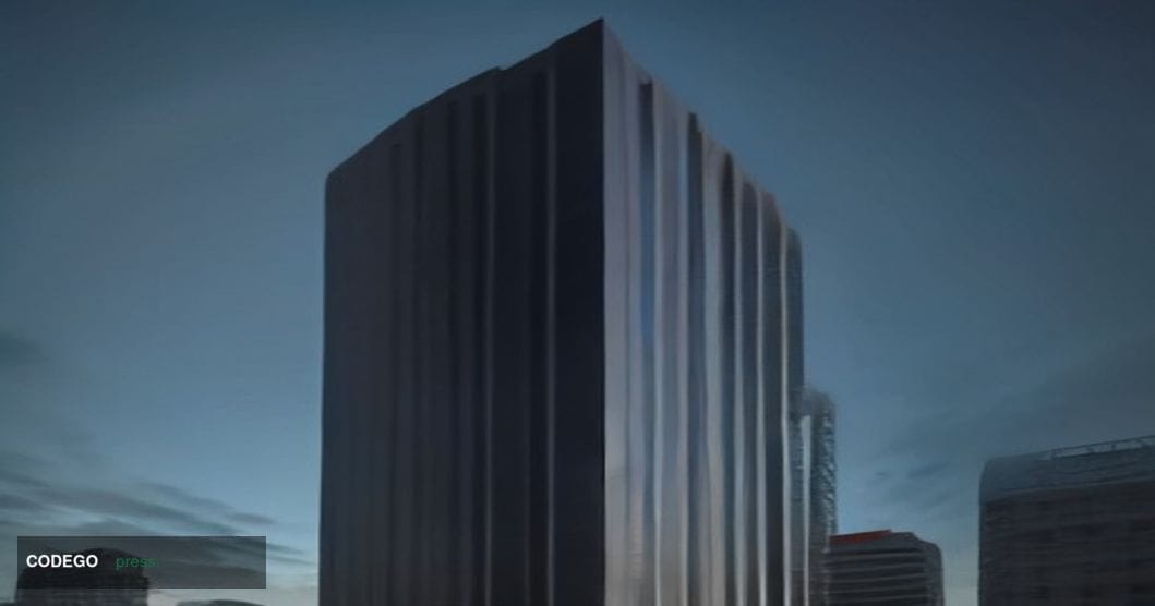 A wide-angle cinematic shot of the Bangko Sentral ng Pilipinas headquarters in Manila, Philippines, photographed at dusk from