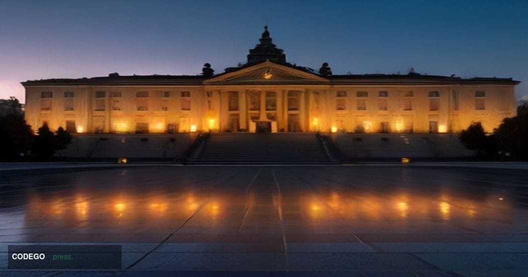 A dramatic wide-angle exterior shot of the Polish Sejm parliament building in Warsaw at dusk, its neoclassical stone facade i