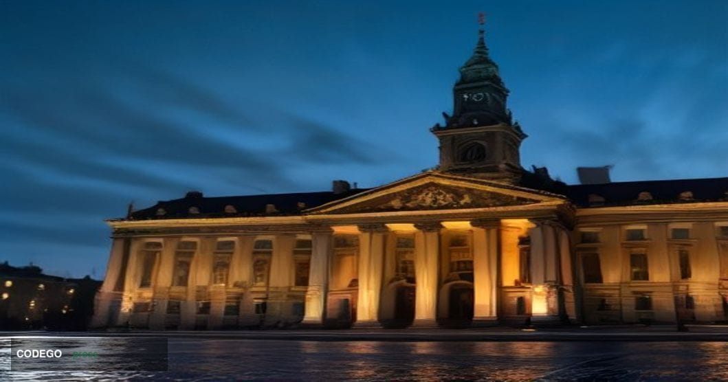 A dramatic wide-angle cinematic photograph of the Polish Sejm parliament building in Warsaw at dusk, its neoclassical stone f