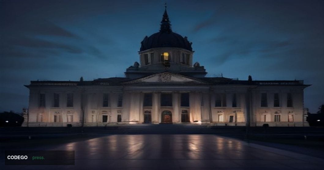 A dramatic wide-angle cinematic editorial photograph of the Polish Sejm parliament building in Warsaw at dusk, its neoclassic