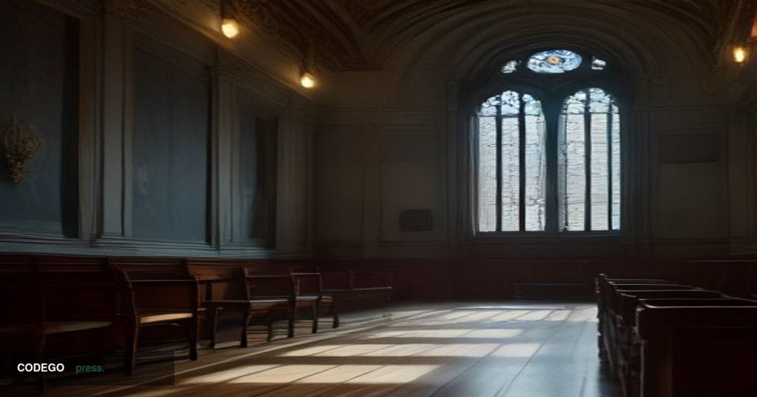 A dramatic cinematic editorial photograph set inside a grand Warsaw courtroom interior, featuring ornate wooden paneling and 