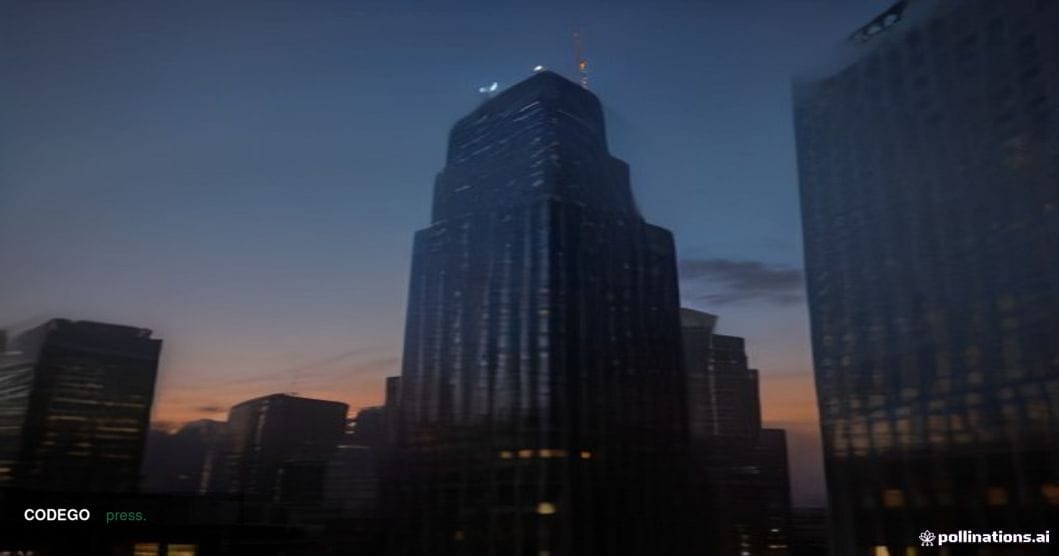 A wide-angle, cinematic editorial photograph shot at dusk from street level looking up at a sleek glass-and-steel financial d