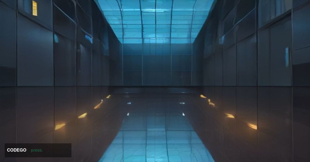 A cinematic editorial photograph taken at ground level looking up at a dramatic glass-and-steel financial technology campus b