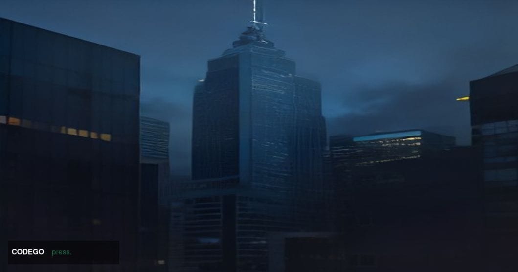 A cinematic editorial photograph of the Sydney central business district financial district at dusk, shot from a low angle lo