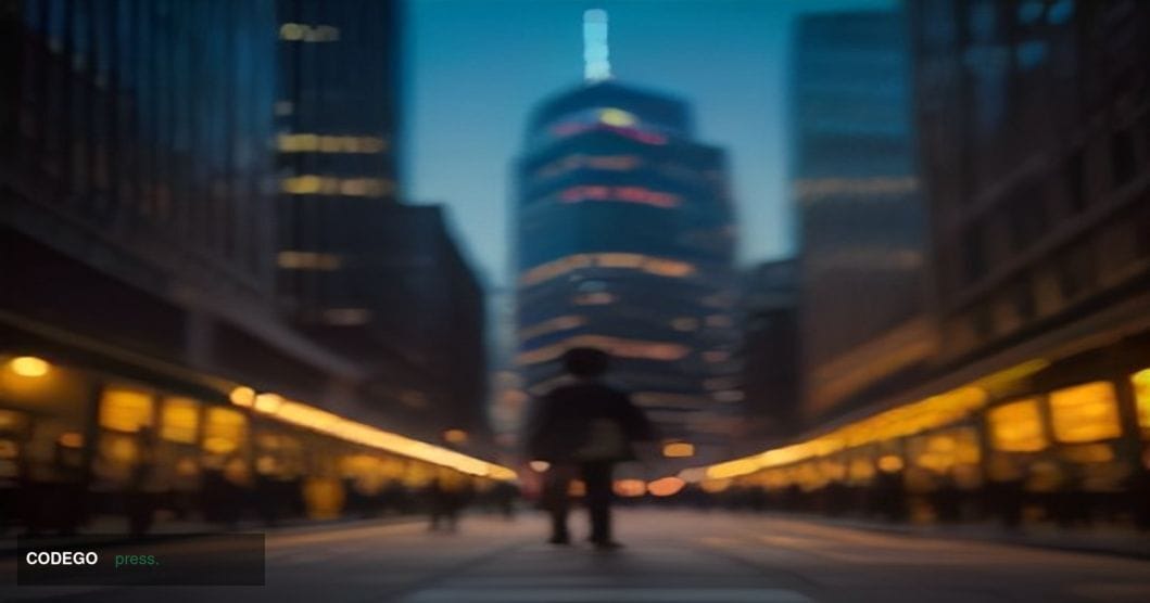 A cinematic editorial photograph shot at ground level looking up toward a modern glass-and-steel financial district office bu