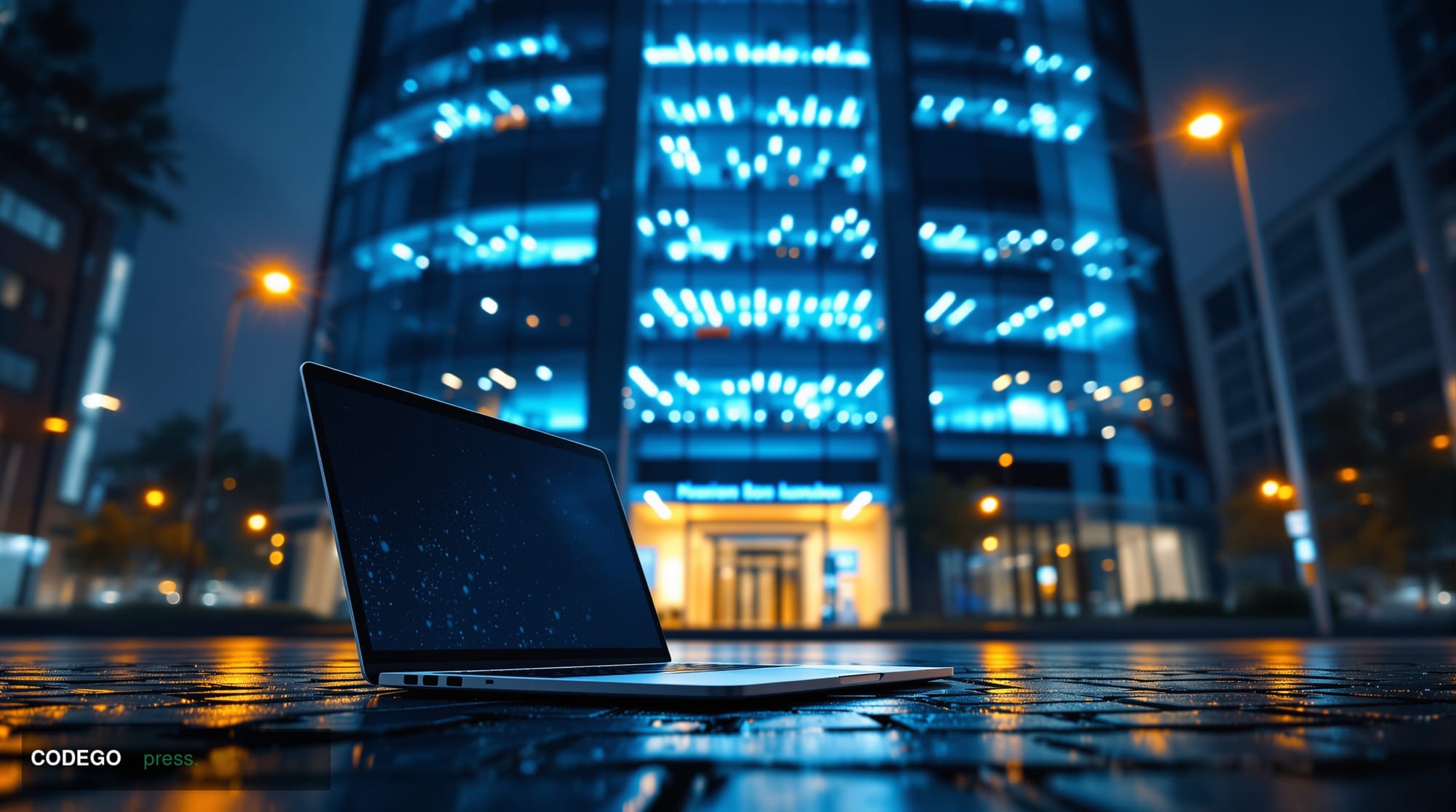 A photorealistic editorial photograph depicting a darkened, sleek glass-and-steel neobank headquarters building at night, lit