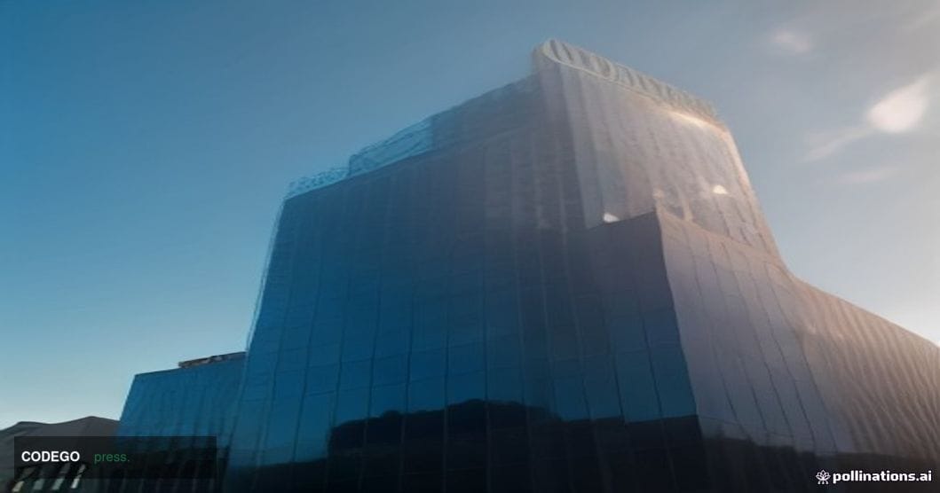 A cinematic editorial photograph shot at golden hour from a low angle looking up at a modernist glass-and-steel bank headquar