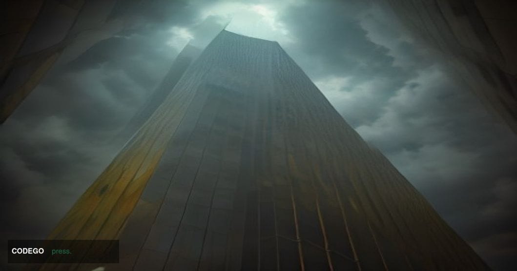 A cinematic editorial photograph taken from a low angle looking up at a towering modernist glass-and-steel financial district