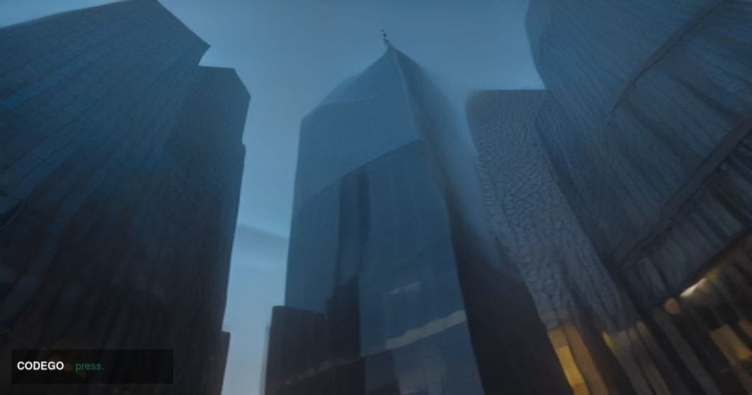 A wide-angle cinematic shot of a sleek glass-and-steel financial district office tower in New York City at dawn, the facade r
