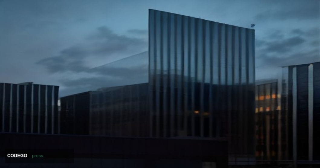 A cinematic editorial photograph of a sleek, modernist glass-and-steel bank headquarters exterior at dusk, photographed from 