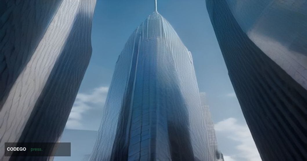 A cinematic editorial photograph taken at street level looking up at a sleek, glass-and-steel financial district office tower