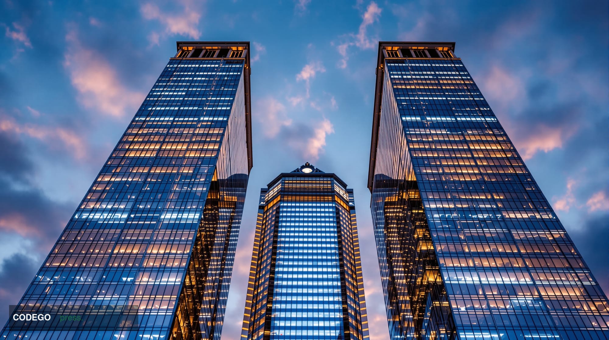 A cinematic editorial photograph shot at twilight from a low angle looking up at the iconic glass-and-steel facade of a grand
