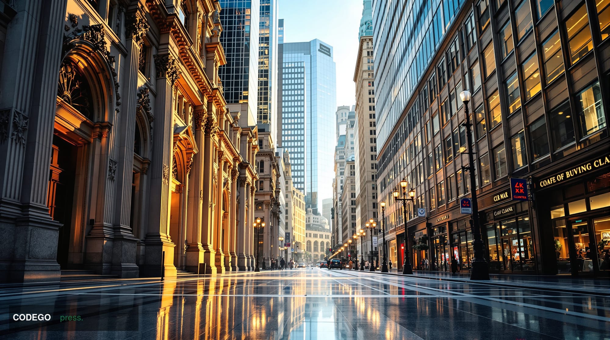 A cinematic editorial photograph shot at ground level looking upward along the glass-and-steel canyon of a major financial di