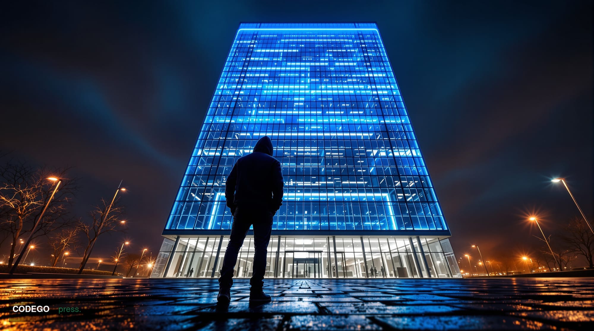 A dramatic cinematic editorial photograph set at night outside a sleek, minimalist glass-and-steel European fintech corporate