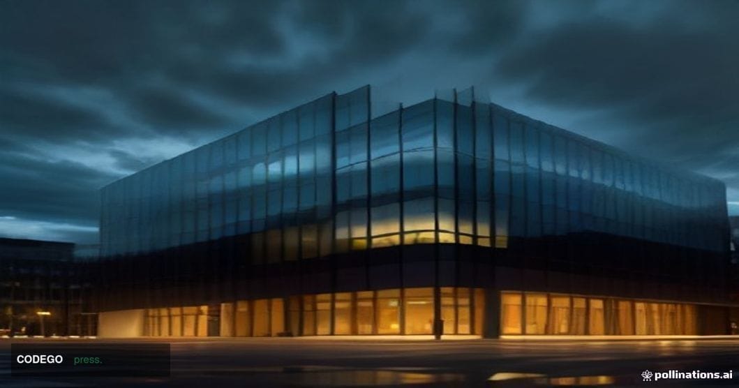 A dramatic cinematic editorial photograph of a sleek, modern European fintech corporate headquarters building at dusk, shot f