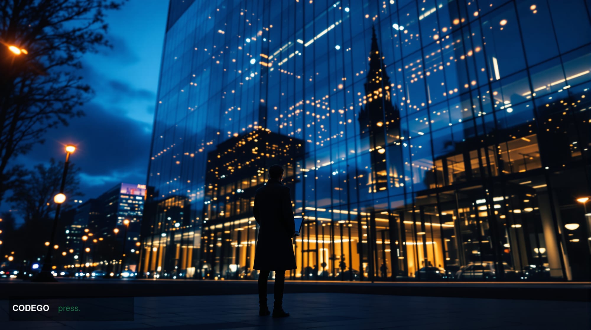 A cinematic editorial photograph of a sleek modern European fintech office building exterior at dusk — glass curtain-wall fac