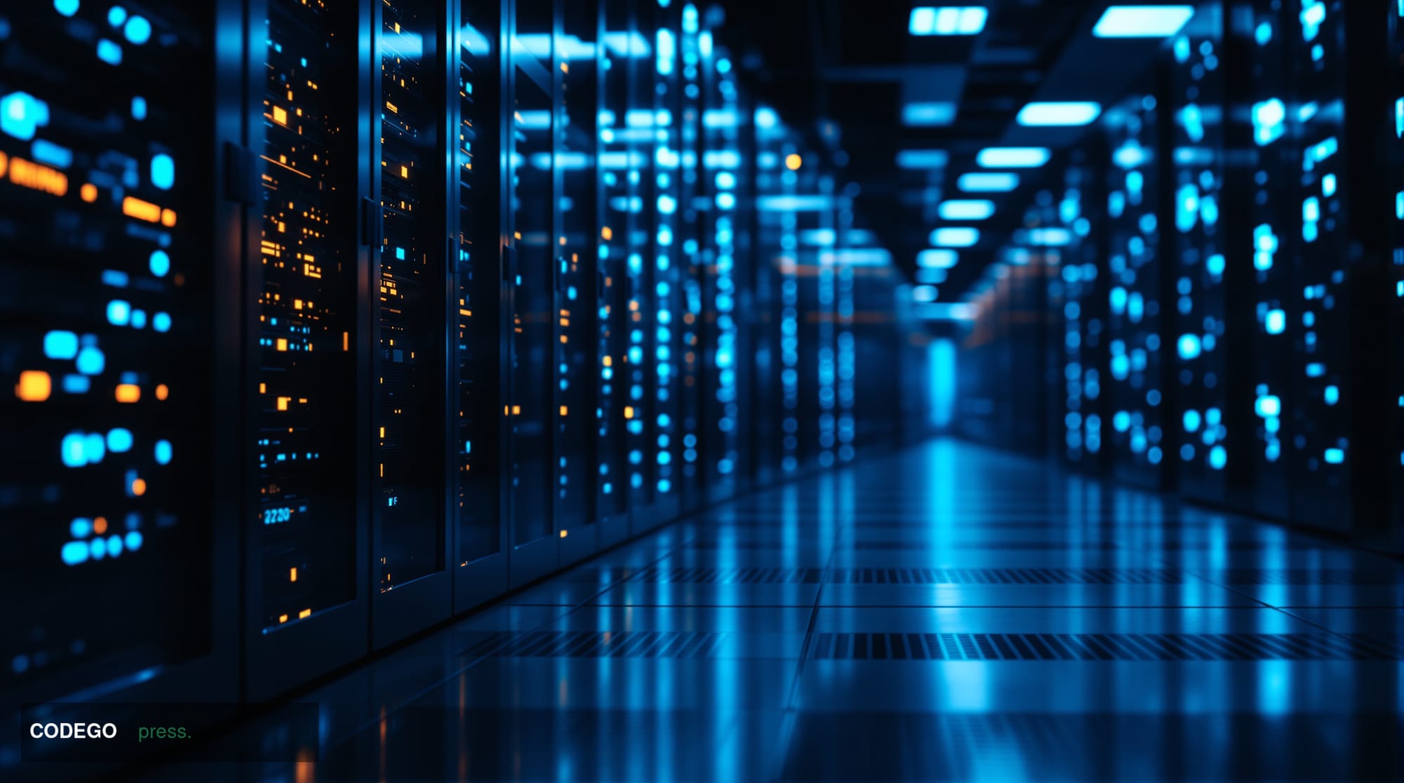 A photorealistic cinematic editorial photograph set inside a vast, dimly lit financial data centre corridor, shot from a low 