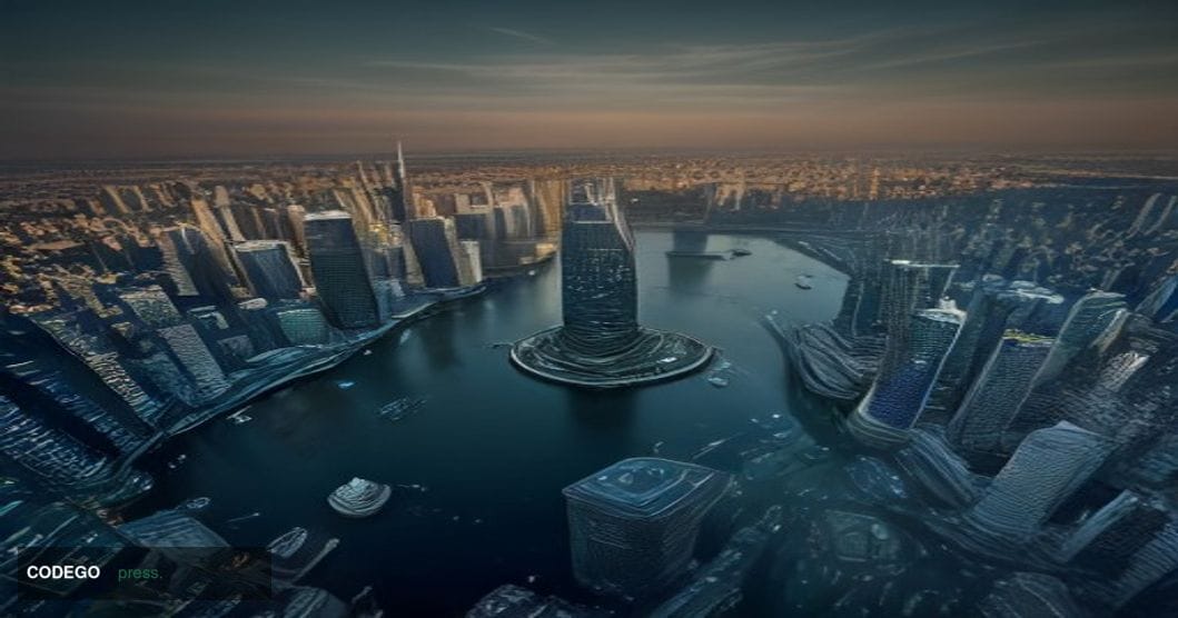 A sweeping cinematic aerial photograph of a modern glass-and-steel financial district at golden hour, shot from a low drone a