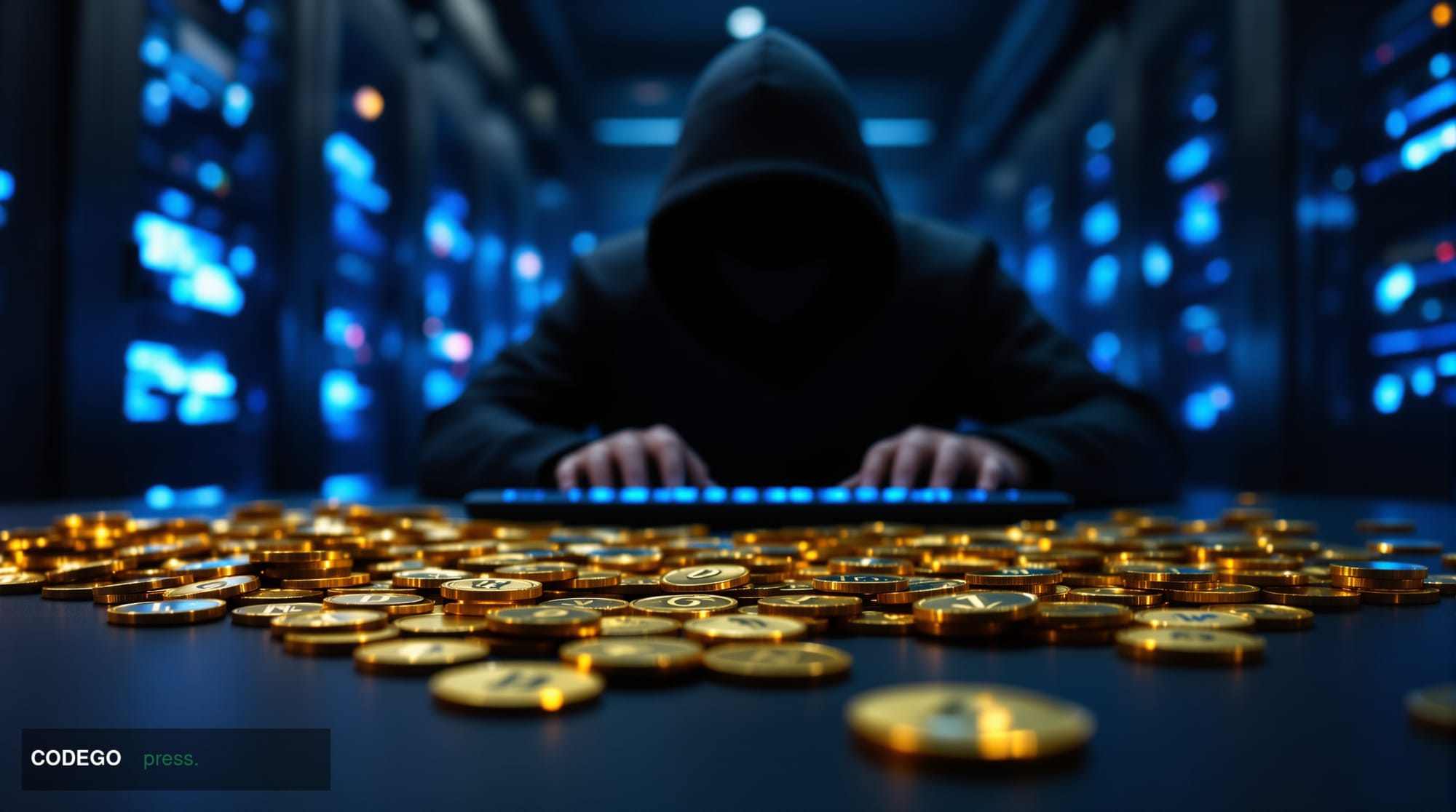 A dramatic cinematic editorial photograph set in a dimly lit underground server environment, foreground dominated by a cascad