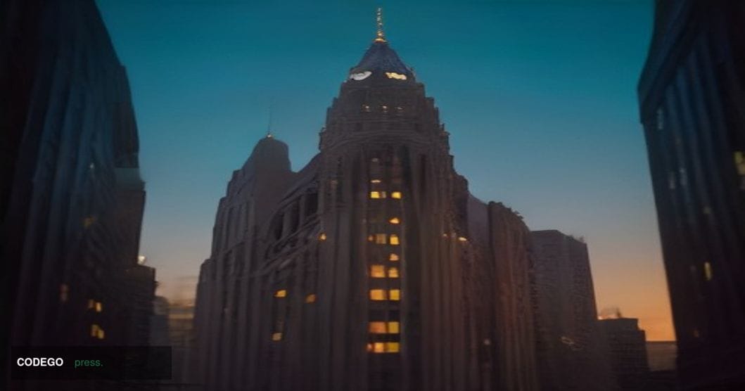 A cinematic editorial photograph shot from street level looking upward at a grand neoclassical U.S. federal bank building fac