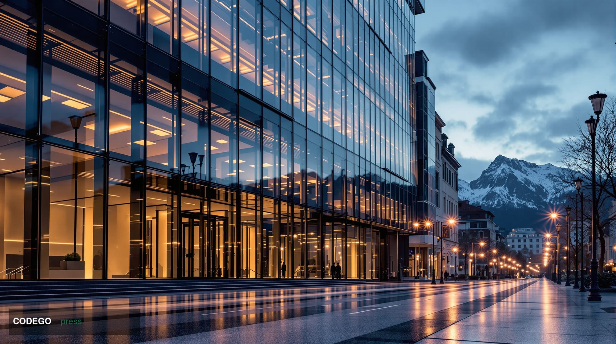 A cinematic editorial photograph of a sleek, modern European financial district at dusk, depicting a glass-and-steel corporat