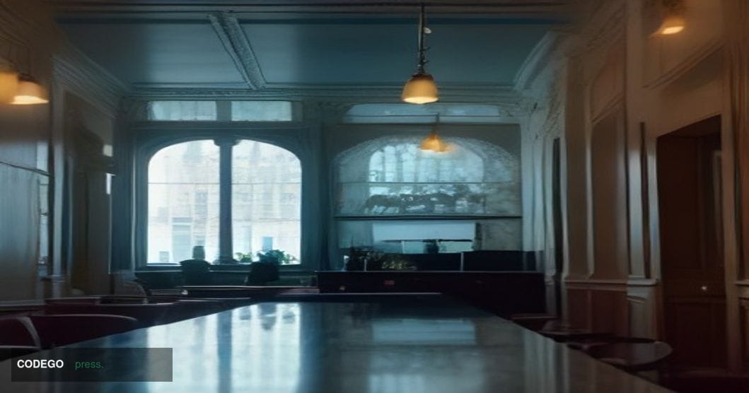A cinematic editorial photograph set in a Parisian café environment, shot from a low angle looking up at a sleek modern conta