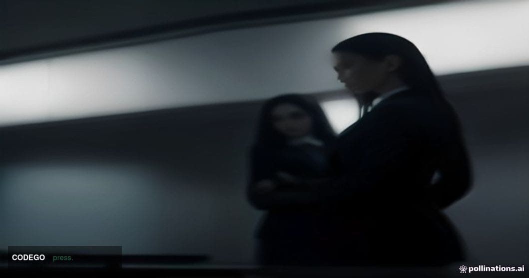 A cinematic editorial photograph set inside a dimly lit, high-security financial compliance office environment, viewed from a