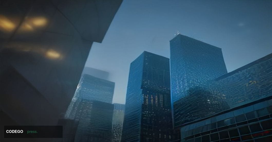 A cinematic editorial photograph shot from a low angle looking up at two distinct glass-and-steel corporate towers in an urba